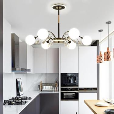 Imagem de Lustre moderno de 6 luzes Globe Mid Century, luminária pendente Sputnik com lâmpada G9, acabamento em metal escovado com abajur de vidro Globe branco, sala de jantar, cozinha, ilha, quarto