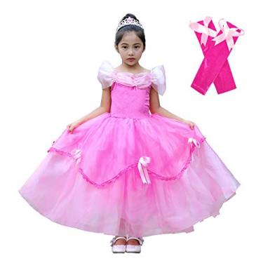 Imagem de Lito Angels Vestido de princesa para meninas, fantasias de festa de Halloween, vestido de baile com luvas de braço, tamanho 6, rosa choque