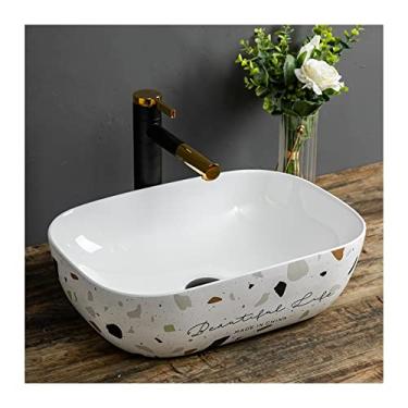 Imagem de Pia de banheiro pia de vaso com torneira preta, pia de vaso de banheiro de cerâmica moderna acima do balcão lavatório pia de porcelana arte pia de vaso de bacia (tamanho: CH)