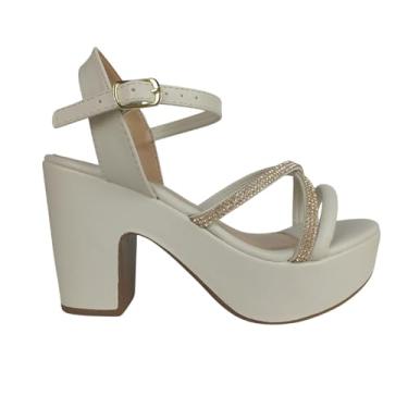 Imagem de Sandália Plataforma Calella Tiras Brilho Salto Alto Meia Pata (Off White, BR, Adulto, Numérico, 36)