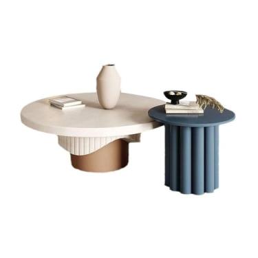 Imagem de Mesa de centro de design simples, mesa de centro redonda criativa de madeira maciça moderna e minimalista, design leve e luxuoso para sala de estar, mesa lateral minimalista para sala de estar (azul)