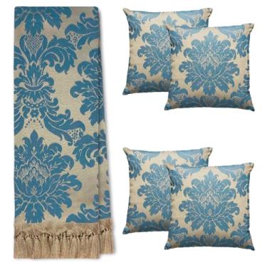 Imagem de Kit Manta Xale Para Sofá E Cama Cores Com 4 Capas de Almofada (2,80 X 3,00,63 AZUL E CINZA)