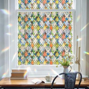 Imagem de OHTMERU Película de privacidade para janela, película de arco-íris, vitral 3D, adesivo decorativo de janela para banheiro, porta da frente, controle de calor doméstico bloqueio UV não adesivo, grade