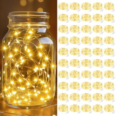 Imagem de btfarm Pacote com 50 luzes de fadas operadas a pilha, 20 cm, mini cordão de luzes LED à prova d'água, fio prateado para potes de pedreiro, mesa de centro de mesa, artesanato, decoração de Natal