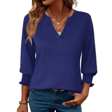 Imagem de Blusa feminina LOMON, moda 2025, manga 3/4, azul escuro