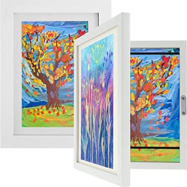 Imagem de Moldura de arte infantil A4 para exibição de imagens com alça fixa, interruptor magnético para artesanato, desenho, arte 3D, casa, escritório, parede e decoração de mesa (2, branco)