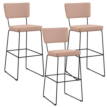 Imagem de Kit 3 Banquetas Alta Para Cozinha Sala De Jantar Base em Aço Fixa Allana L02 Linho Rosê - Lyam Decor