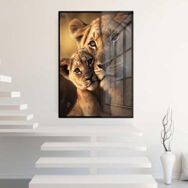 Imagem de Quadro Decorativo com Moldura e Acrilico Cristal Vidro Leoa Filhote Fa