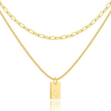 Imagem de Poxtex Colar de ouro com inicial para mulheres, ouro real 14 quilates com nome delicado colar personalizado e clipe de papel, colar com pingente de letra quadrada em camadas na moda 26 maiúsculas A a Z, joias de ouro presentes para mulheres e meninas, Ouro, Sem Pedra Preciosa