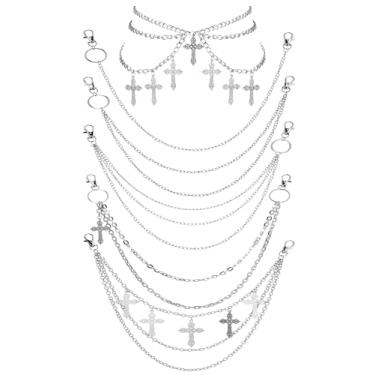 Imagem de Quelay 6 peças de corrente de calças masculinas hip hop, corrente de espada cruzada, rebite, gótico, jeans, joias de quadril para rock, acessórios femininos, Aço inoxidável, Sem Pedra Preciosa