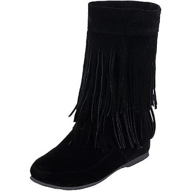 Imagem de Botas de cano curto com franja para mulheres, bico redondo, cor lisa, salto anabela, cano curto, sem cadarço, botas de camurça modernas, botas de salto baixo, Preto, 8.5