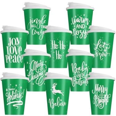 Imagem de Sliner 10 peças de copos de café reutilizáveis de Natal com tampas a granel 340 g copo de plástico de Natal presentes copos de bebidas de Natal com floco de neve para colegas de trabalho família
