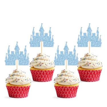 Imagem de Castle Cupcake Topper - Pacote com 24 Glitter Azul Céu Queen Castelo Princesa Cupcake Decorações, Aniversário Princesa Bebê Meninas Cupcake Escolhas (Azul Celeste)
