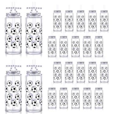 Imagem de Olgaa Pacote com 24 copos de plástico para lembrancinhas de festa de bola de futebol com tampa, fita de palha, reutilizável, bola de futebol, ideias para festas, 402 g, garrafas de suco transparentes