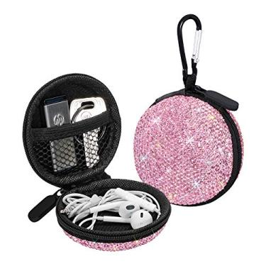Imagem de Capa para fone de ouvido, pequenos estojos de transporte com strass brilhante, cristal, portátil, organizador de fone de ouvido, bolsa de armazenamento com mosquetão, 1 pacote rosa