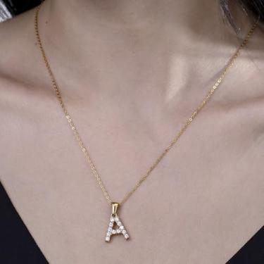 Imagem de Colar com pingente de cristal banhado a ouro 18 K - joia com monograma de strass para presentes personalizados e uso diário, F, Aço inoxidável, Sem Pedra Preciosa