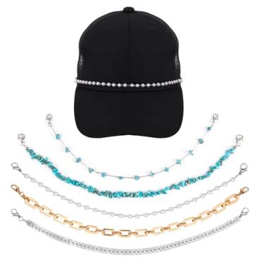 Imagem de 5 correntes de chapéu de caminhoneiro, corrente de chapéu, decoração de aba de metal, turquesa, pérola, turquesa, faça você mesmo, acessórios de joias para boné de beisebol de malha, berloques de