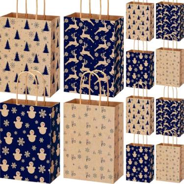 Imagem de AmazingSpark 48 peças de sacos de presente de Natal Kraft com alças 4 desenhos 15,91 x 8,15 x 8,27 polegadas sacos de presente de Natal a granel para lembrancinhas de festa de Natal vermelho e verde