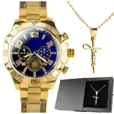 Imagem de Relógio Masculino Social Cronógrafo Grande + Cordão Dourado Banhado 18k Fé Presente Kit Edição Limitada Caixa Premium