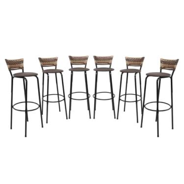 Imagem de Kit 6 Banquetas Altas 80cm Estrutura Preta Encosto Junco Cappuccino Ideal P/Bancada Cozinha Americana Bares Balcão Itagold (Assento Marrom Escuro)