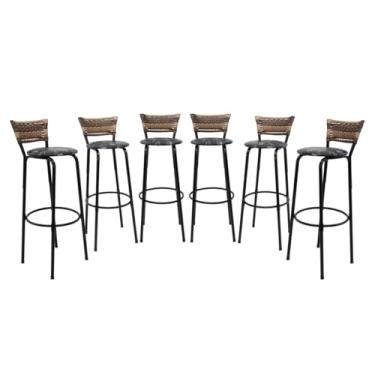 Imagem de Kit 6 Banquetas Altas 80cm Estrutura Preta Encosto Junco Cappuccino Ideal P/Bancada Cozinha Americana Bares Balcão Itagold (Assento Floral Preto)