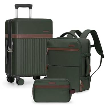 Imagem de U.S. Traveler Vista Way Conjunto de viagem de 3 peças, capa rígida de 53 cm com trava TSA, mochila de viagem de 45 cm com capa para laptop, bolsa de higiene pessoal, verde