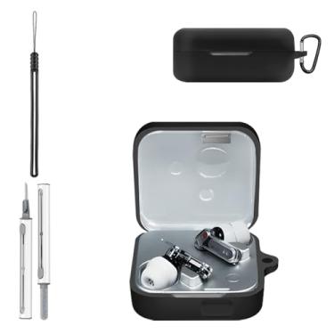 Imagem de Capa para Nothing Ear 3, capa protetora de silicone para Nothing Ear 3, capa de corpo inteiro à prova de choque com proteção contra arranhões, com chaveiro, cordão e kit de limpeza, preta