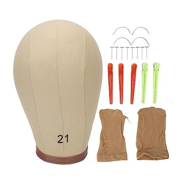 Imagem de Cabeça de manequim de peruca Cabeça de modelo de lona de 21 polegadas Cabeça de molde de exibição de peruca com pinos tipo C e T para estilo de peruca DIY Design de penteado em