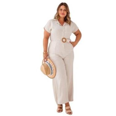 Imagem de Macacão Plus Size longo feminino com cinto pantalona elegante em linho confortável-Feminino