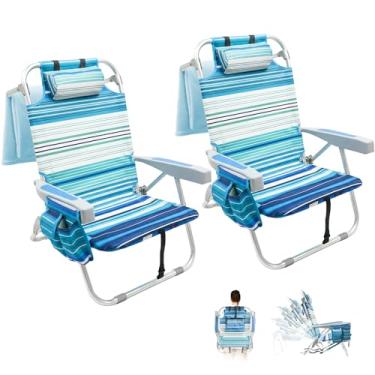 Imagem de Pacote com 2 cadeiras de praia dobráveis para adultos, cadeira de praia reclinável leve de alumínio com 5 posições, cadeiras compactas de areia baixa com suporte de copo e encosto de cabeça para
