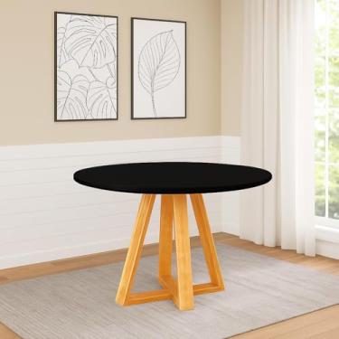 Imagem de Mesa de Jantar Luxo Tampo Mdf/vidro Redonda para 4 Lugares Pés Madeira Maciça Pérola - Mel/preto