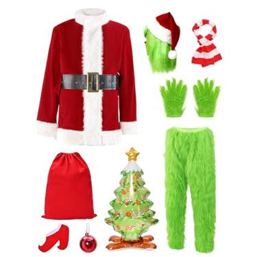 Imagem de Green Monster Costumes Adult, 11PCS Christmas Furry Santa Suit for Men Halloween Xmas Cosplay Outfit Mask Hat