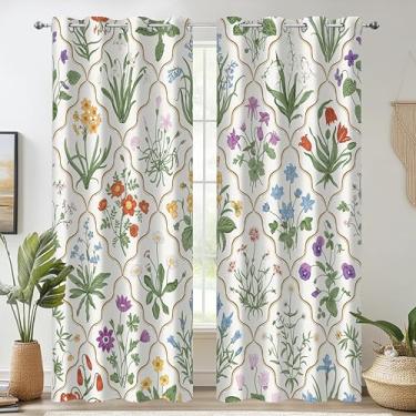 Imagem de Cortinas blackout de plantas botânicas, cortina preta floral floral vintage para janela de quarto, cortinas de janela de flores silvestres rurais para sala de estar, conjunto de 2 painéis de 132 x 213
