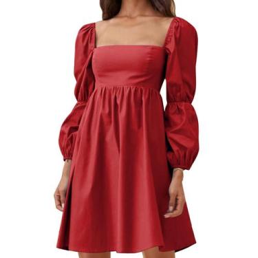 Imagem de Vestido feminino EXLURA, gola quadrada, manga comprida, linha A, verme