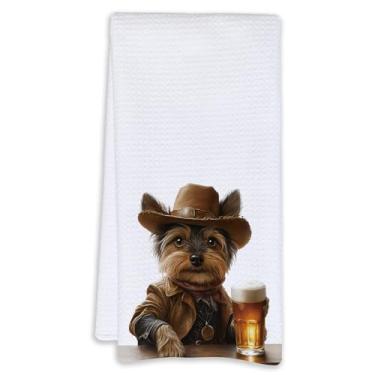 Imagem de Cabana Bro Toalhas de cozinha engraçadas Western Yorkshire Terrier, presentes para amantes de Yorkie, Cowboy Yorkshire Terrier, cachorro, cerveja, decorativo, prato de mão, toalhas de bar para cozinha