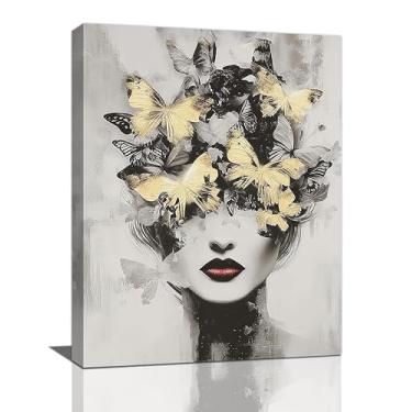 Imagem de Arte de parede feminina borboleta dourada preto e branco decoração de parede moderna cinza estética imagens pinturas impressões obras de arte decorações emolduradas para salão de beleza spa banheiro