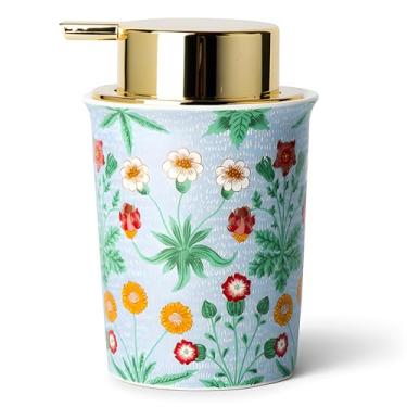 Imagem de Dispensador de sabão de espuma de cerâmica com bomba dourada, garrafa de sabão de mão de espuma de porcelana recarregável de 270 ml para bancada de banheiro e pia de cozinha, design floral decorativo