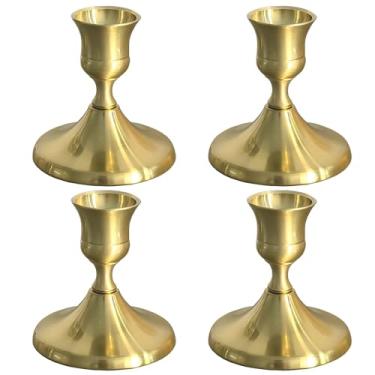 Imagem de LUMINFLY Castiçal de Natal com aparência vintage de latão, cônica dourada, 4 peças de mesa central, palitos de metal, conjunto de decoração a granel para festas e eventos jantares