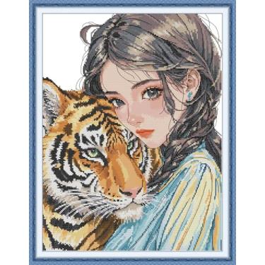 Imagem de Threadhaven Kit de ponto cruz, conjunto completo de bordado Aida de 14 quilates com tecido, linhas, agulhas e gráfico - design premium para meninas bonitas para adultos e iniciantes - menina com tigre