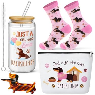 Imagem de Paterr Conjunto de 4 peças de presentes Duchshund para mulheres, copo de vinho de 473 ml, meias inovadoras de Dachshund, bolsa de maquiagem e clipes de cabelo, presentes para cães Wiener, amantes de