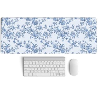 Imagem de PaJiaNi Mouse pad Chinoiserie azul claro, tapete de mesa floral vintage azul e branco, GG, grande, vintage, flores e pássaros, tapete de mouse para laptop feminino para dormitório, escritório em casa
