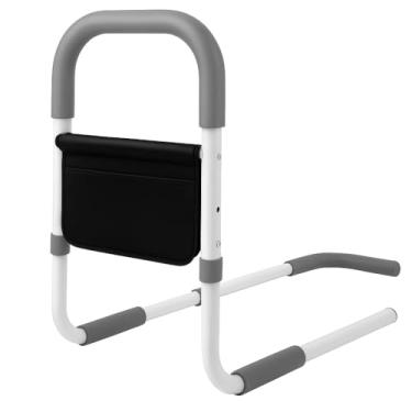 Imagem de Barra de Apoio para Cama com Bolsa de Armazenamento, Suporte Lateral Hospitalar Ajustável em Metal, Branco e Cinza, Grade de Segurança para Idosos