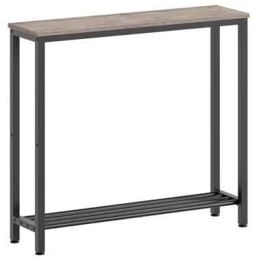 Imagem de YATINEY Mesa de console estreita, mesa de sofá pequena de 2 camadas, entrada fina de 75 cm atrás do sofá com prateleiras, mesa de corredor industrial, para sala de estar, hall de entrada, cinza e