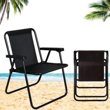 Imagem de Kit 2 Cadeira De Aço Praia Lazer Descanso Dobrável Alta (Preto)