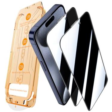 Imagem de JEHOO Pacote com 2 [Kit de alinhamento automático] Protetor de tela de privacidade para iPhone 15 Pro Max, vidro temperado, remoção automática de poeira anti-espião de 28°, antiarranhões