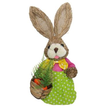 Imagem de Coelho Fêmea De Palha Páscoa Decoração Enfeite Coelhinho 34cm