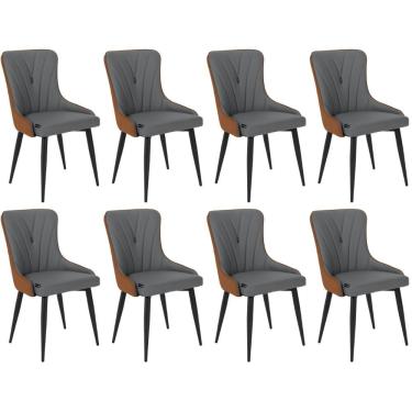 Imagem de Kit 8 Cadeiras Jantar Estofada Verona Design Italiano Encosto Anatômico Base Metálica Reforçada - Cinza Escuro-caramelo