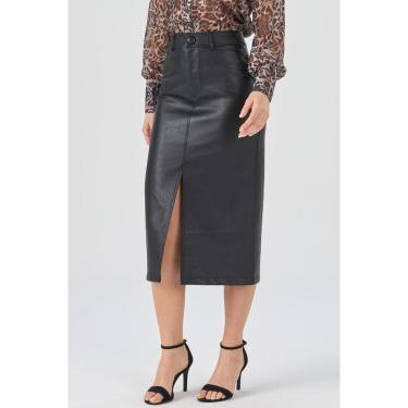Imagem de Saia Midi PKS Couro Sintético Preta-GG-Feminino