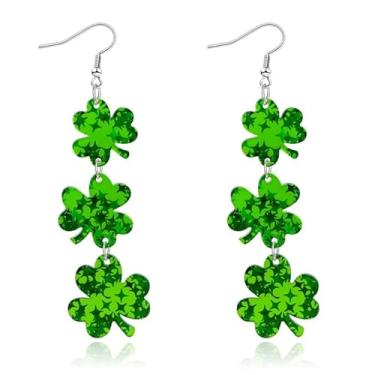Imagem de Brincos de trevo para mulheres, presentes de Dia de São Patrício para sua roupa de festa, brincos pendentes de trevo de quatro folhas de acrílico com glitter verde, Medium, Acrílico, Sem pedra