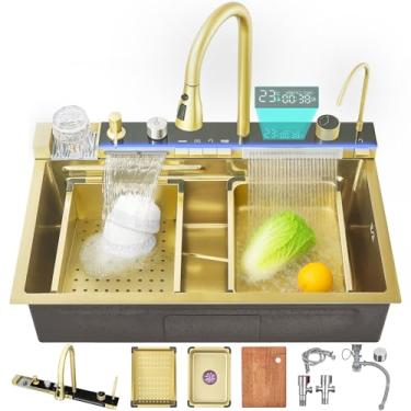 Imagem de Ribanedy Pia de cachoeira com tela digital inteligente dourada de 80 cm, pia de cozinha moderna de aço inoxidável 304 com 5 modos de saída de água, torneira de puxar em cascata, arruelas de copo e